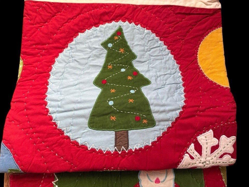 VTG Pottery Barn Kids Embroidered Velvet Christmas Santa Snowman Quilt 49x36” Item image 7