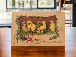 Antique Easter Postcard 5 Yellow Chicks Blue  Floral Frame Ribbon 7218 Used - £5.94 GBP