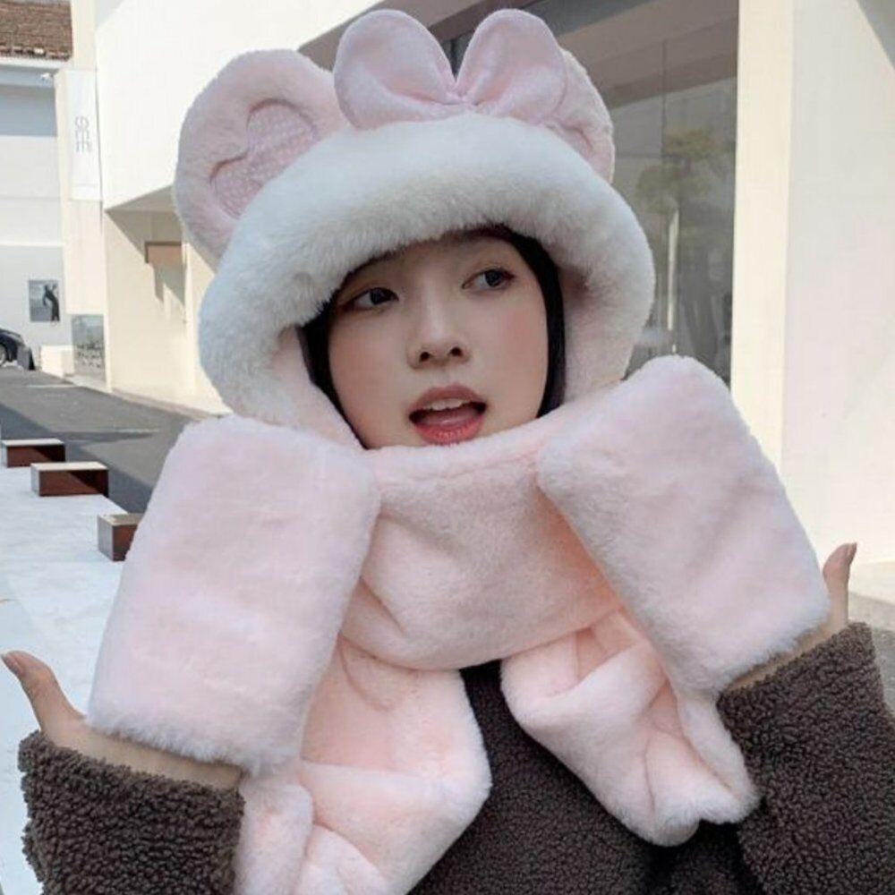 Primary image for Bunny & Teddy Plush Handwarmer Scarf Hat Combo | Unisex Rabbit Bear Cosplay #774