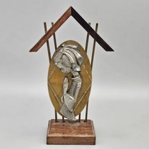 MCM vintage girl praying Pewter on brass metal on wood stand 6&quot; - has wear - $19.79