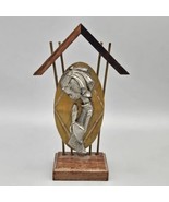MCM vintage girl praying Pewter on brass metal on wood stand 6&quot; - has wear - $376.79 MXN