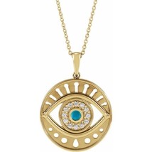 14K Yellow Gold Turquoise &amp; 1/6 CTW Diamond Evil Eye 16-18&quot; Necklace - £779.37 GBP