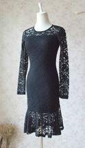 Black Lace Midi Tea Dress Women Plus Size Long Sleeve Fitted Lace Dress image 2