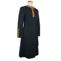 Vintage 60&#39;s Wool Knit Women&#39;s Dress Black Size 12 Suede Trim Knee Length USA - £48.76 GBP