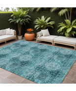 10&#39; X 14&#39; Teal Floral Medallion Washable Non Skid Indoor Outdoor Area Rug - $587.49