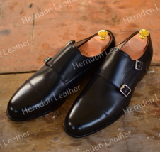 Men&#39;s Handmade black double Monk Finish Custom made Dress shoes - £116.74 GBP