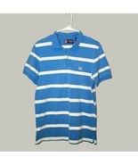 Chaps Mens Polo Shirt Medium Blue White Striped Embroidered Logo Short S... - $13.57