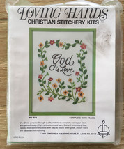 Vintage 1978 Loving Hands Christian Stitchery Kit God Is Love with Frame NEW 6X8 - £13.59 GBP