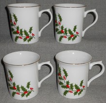 Set (4) Macys - All The Trimmings Holly &amp; Berry Christmas Porcelain Mugs - £23.64 GBP