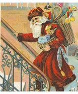 Santa Claus in Red With Basket of Toys on Stairs Antique Christmas Postcard - $30.00
