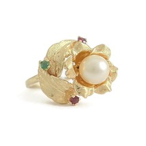 Authenticity Guarantee 
Vintage 1950&#39;s Pearl Ruby Emerald Cocktail Ring ... - $895.00