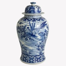 Blue and White Floral Bird Motif Porcelain Temple Jar 19&quot; - £256.86 GBP