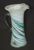 Vintage Handblown Art Glass Pitcher Aqua Swirl &amp; White w Clear Applied Handle - £58.42 GBP