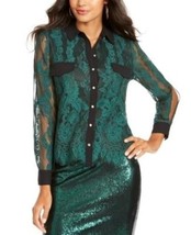 MSRP $80 Thalia Sodi Mixed-Media Button-Up Shirt Green Size Medium - $27.72