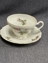 Vintage MOSS ROSE GOLD RIMMED SCALLOPED TEA CUP &amp; PLATE - $7.70