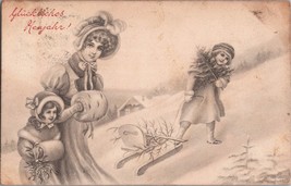 ZAYIX Happy New Year c1910 Pretty Lady &amp; Daughters with sled  V.K. Vienne 5003/a - £11.75 GBP
