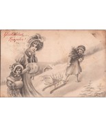 ZAYIX Happy New Year c1910 Pretty Lady &amp; Daughters with sled  V.K. Vienn... - $14.95