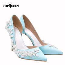 TOPQUEEN-A10 Flower Embellished Heel Pumps Blue Wedding shoes wedding romantic s - £133.51 GBP