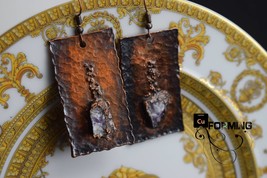 Copper electroformed rectangular Earrings sheet plate with rough Amethyst stones - £30.67 GBP
