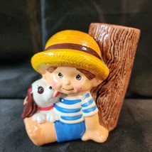 Vintage Boy Dog Tree Pen Pencil Holder Bud Vase Figurine Kitsch 1980s Multicolor - £15.64 GBP