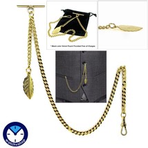 Albert Chain Gold Color Pocket Watch Chain for Men with Leaf Design Fob ... - $17.99