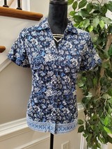 Karen Scott Womens Blue Floral Cotton Collared Short Sleeve Button Down Shirt PS - £20.40 GBP