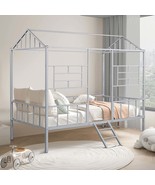 Contemporary Silver Metal House Twin Bunk Bed w/ Angled Ladder - $595.02 CAD
