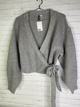 H&amp;M V-Neck Knit Tie Front Crop Cropped Cardigan Sweater Gray Womens Size M - £21.74 GBP