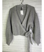 H&amp;M V-Neck Knit Tie Front Crop Cropped Cardigan Sweater Gray Womens Size M - £21.79 GBP