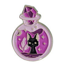 Cat Pin Badge Cat Spell Bottle Moon Crystal Top Pink Brooch Enamel Lapel Magical - £4.32 GBP