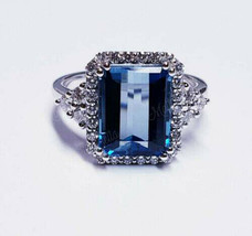 3.00Ct Emerald Cut Blue Topaz Halo Engagement Wedding Ring 14K White Gold Finish - £72.07 GBP