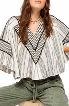 Free People Running on a Dream Top M Ivory Black Gold V-Neck Jacquard New - £31.60 GBP
