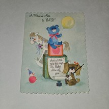 VTG New Baby Welcome Note Greeting Card Bear Dog Toys Scalloped NEVER USED - £7.74 GBP