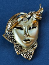 Large Brushed Goldtone Art Deco Mask w Clear Rhinestone Accent Brooch Pin – 3 x - £10.52 GBP