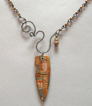 2 Sided Pendant Necklace Rust Brown Mosaic Clay Copper Gray Handmade Ste... - $110.00