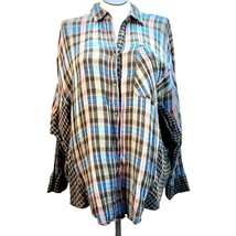 Free People Shirt Large Olive Blue Peach Plaid Button Up Long Sleeve EUC - £45.69 GBP