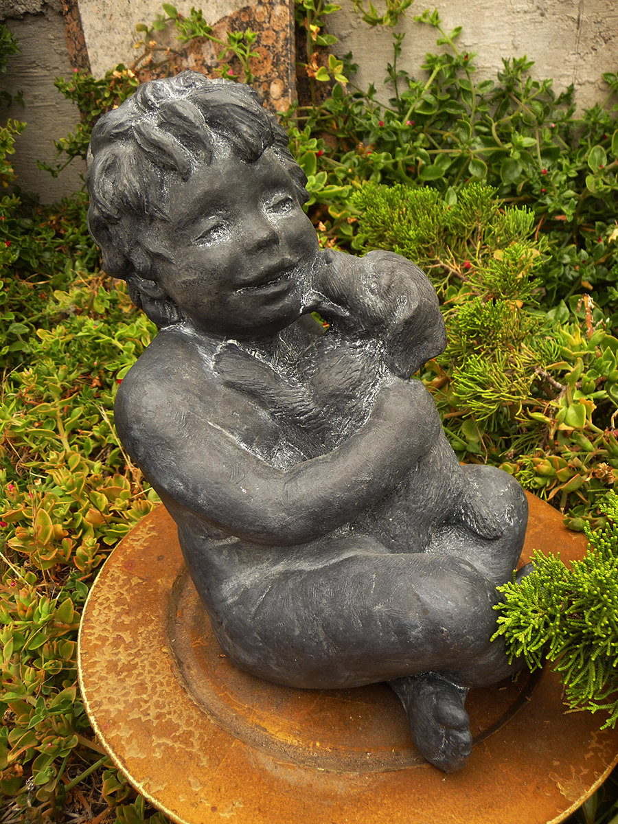 Child with Dog Vintage GARDEN SCULPTURE Laughing Child Embracing Kissing Pup Cas - £67.78 GBP