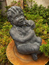Child with Dog Vintage GARDEN SCULPTURE Laughing Child Embracing Kissing Pup Cas - £66.39 GBP