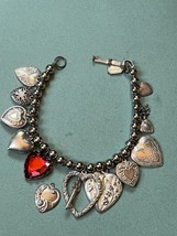 Silvertone Bead w Various Embossed Etched Silvertone HEART Charm Bracelet - - $13.09