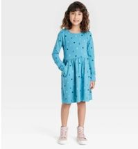 New Girls' Printed Long Sleeve Knit Dress Small 6/6X Cat & Jack, Aqua Moon image 3