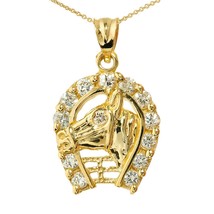 10K Solid Yellow Gold CZ Horseshoe with Horse Head Charm Pendant Necklace - £134.19 GBP+