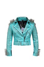 Light Blue Jacket, Steampunk Jacket, Heavy Metal Long Spiked Jacket, Wai... - £249.98 GBP