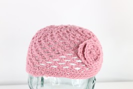 NOS Vtg 70s Streetwear Crochet Wool Knit Flower Skull Beanie Hat Pink Womens OS - £31.11 GBP