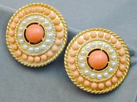 HUGE Ornate Faux Pearl &amp; Faux Coral Cabochon Statement Clip Earrings - £23.48 GBP