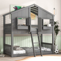 Twin over Twin House Bunk Bed with Roof Window - Grey - £424.82 GBP