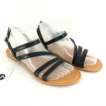 SandalUp Womens Strappy Faux Leather Buckle Black Flats Size 9 - £15.09 GBP