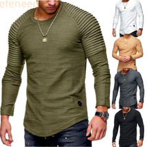 Men&#39;s Long sleeved Pleated Raglan Muscle Top Slim casual pullover T-shirt shirt - £5.77 GBP+