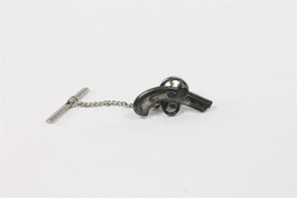 ✅ Vintage Men Neck Tie Pin w/Chain Clasp Clip Flint Lock Gun Silver Tone... - £5.79 GBP