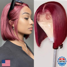 99J Burgundy Bob Wig Human Hair 8 Inch 13X4 HD Transparent 99j Burgundy ... - $71.65