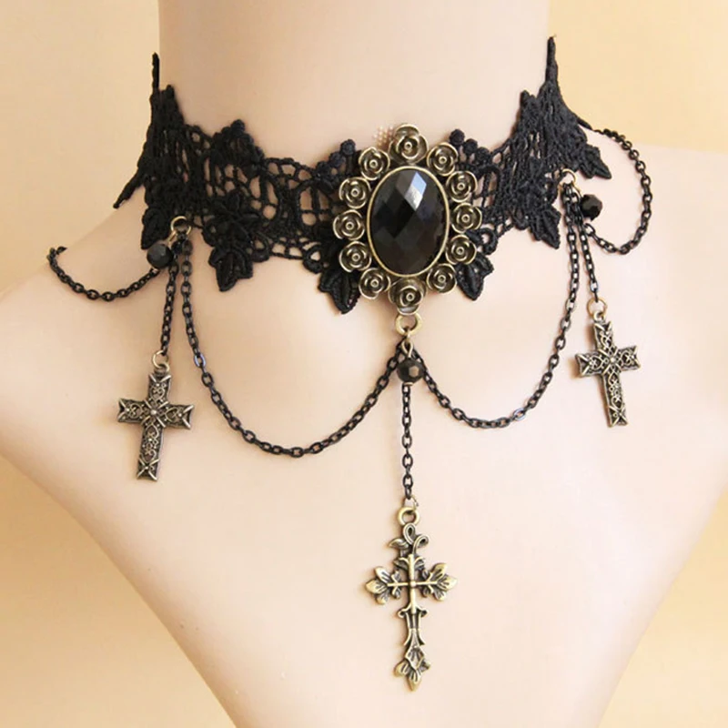 Play Gothic Black Lace Choker Aklace For Women Halloween Fashion Vintage Leather - £23.18 GBP